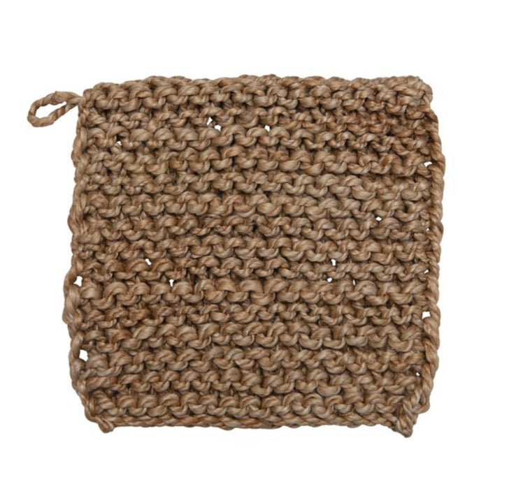 Islander Pot Holder. Hand crocheted natural jute. Measures 8"square. 
