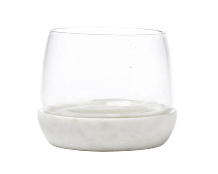 Small glass + marble bowl. Glass comes with a white marble cooling coaster perfect for summer entertaining. Chill the marble in the freezer before serving. Measures 3.25" H x 3.5" diameter.