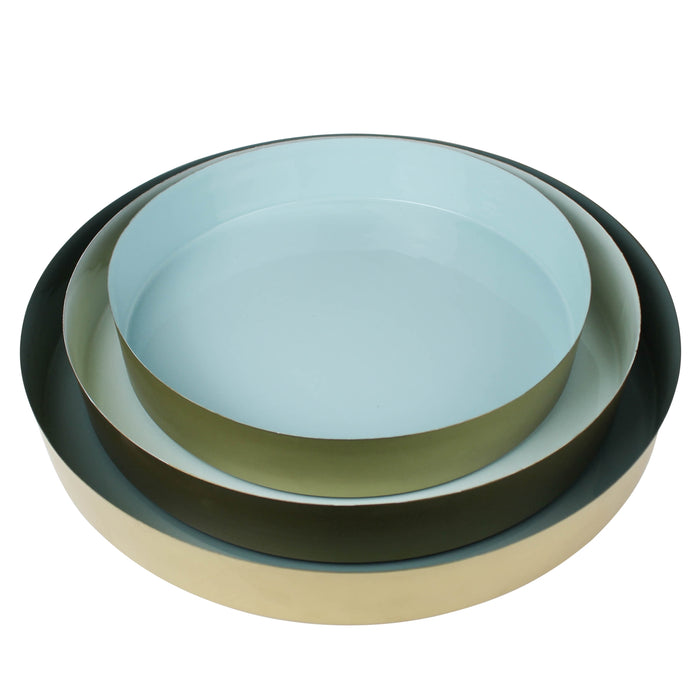 Laguna Trays, set of 3 shown. Each one sold separately. Round brushed brass nesting trays finished with glossy enamel interiors in shades of coastal blues.