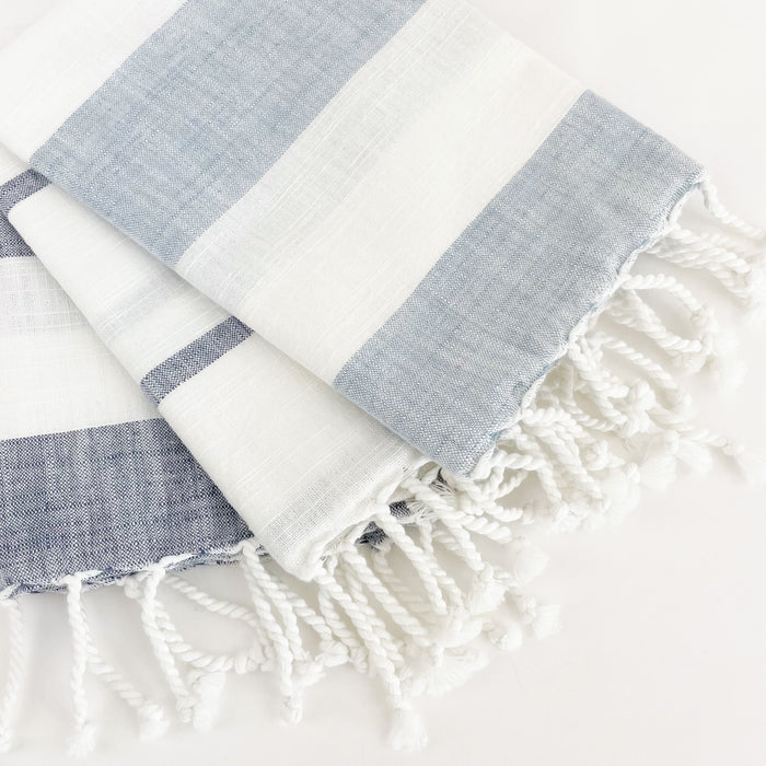 Blue & White Stripe Towels are perfect for the coastal kitchen or bathroom. Set of 3 includes one light blue/white bold stripe, dark blue/white fine stripe and dark/blue white bold stripe towel. Made of 100% cotton with a twisted tassel fringe edge on one side.