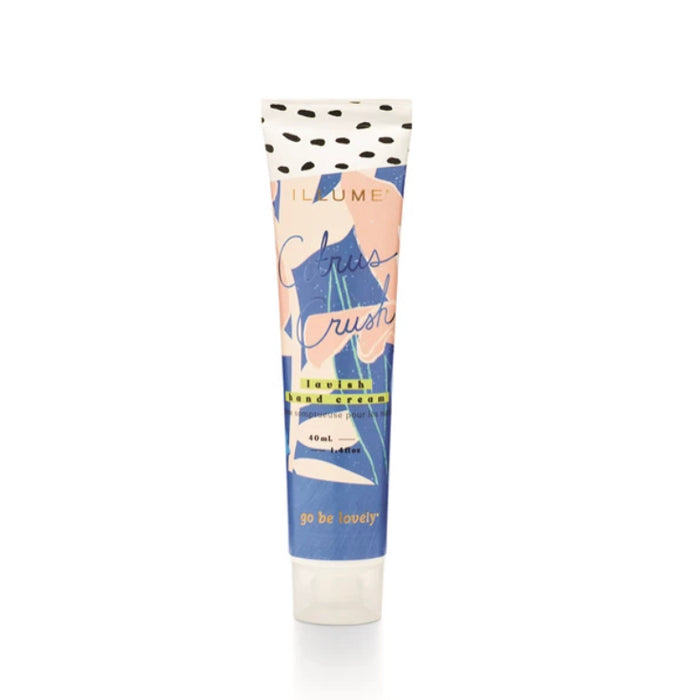 Citrus Crush demi size hand cream. Notes of sun-ripened citrus with a hint of sandalwood. The perfect size for travel or purse. Holds 1.4 fluid oz.