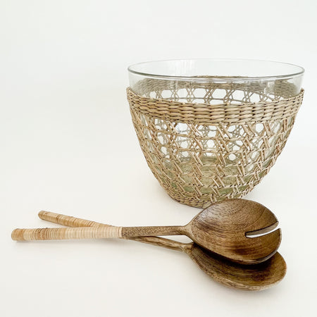 Glass & Seagrass Serving bowl shown with our wood salad servers. Each sold separately.
