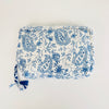 Travel Pouch in "blue paisley" block print from By the Sea Organics. Eco friendly, zero waste sustainable accessories. 10" x 7"