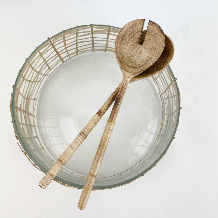 Wood Salad Servers with Rattan Wrapped Handle