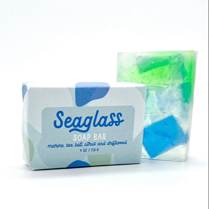 Seaglass soap bar. Bright clear bar with the colors of blue and green seaglass mixed in. Fragrance notes of marine, sea salt, citrus and driftwood. 4 oz. bar