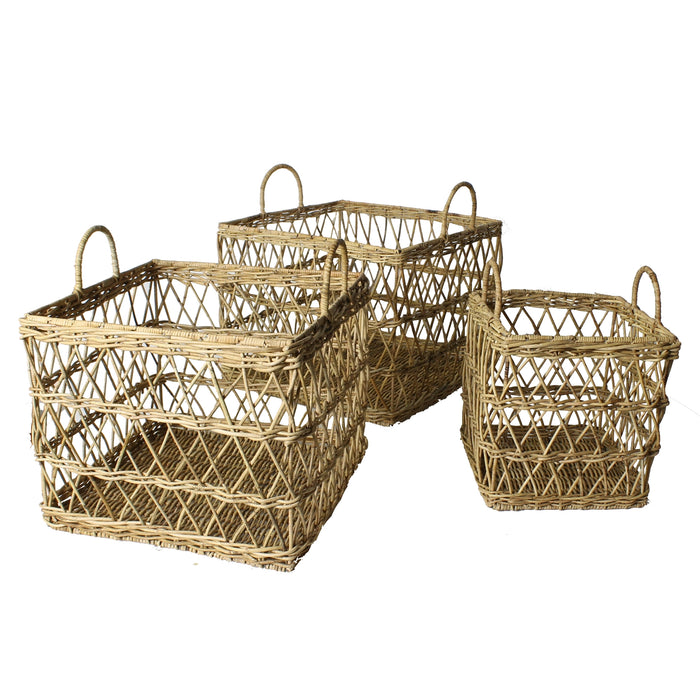 Rattan Pantry Baskets. Hand made by skilled artisans in a criss cross pattern of thin rattan. 3 sizes available, all stack within each other. Side handles for easy carrying. Small is 9.5" square 10.25"H. Medium is 13" square 12.25" H. Large is 16.5" square 14" H. 