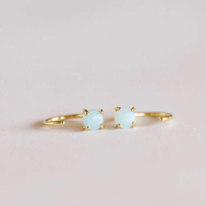 Small gold vermeil "huggie" earrings with amazonite stone. Pale aqua stone is considered the stone of hope. Hand-crafted in 18 kt gold vermeil with a sterling silver base.
