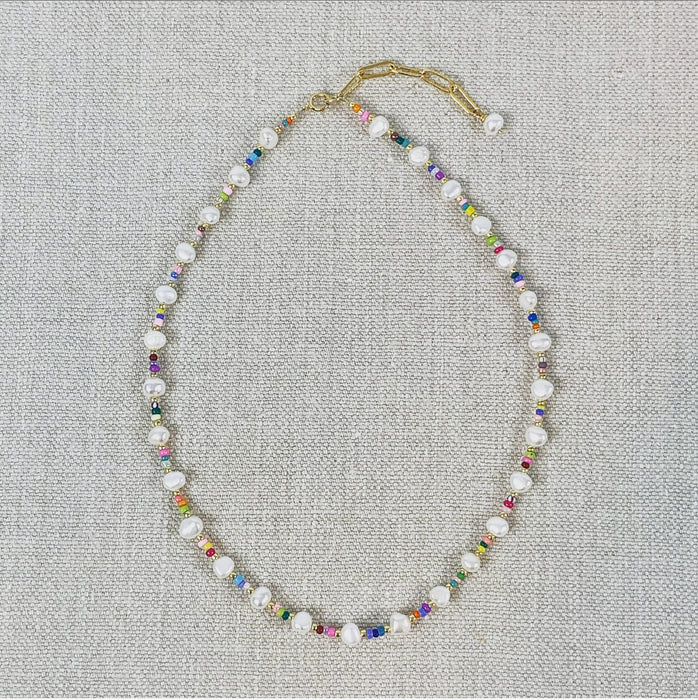 Pearl and rainbow seed bead choker necklace.