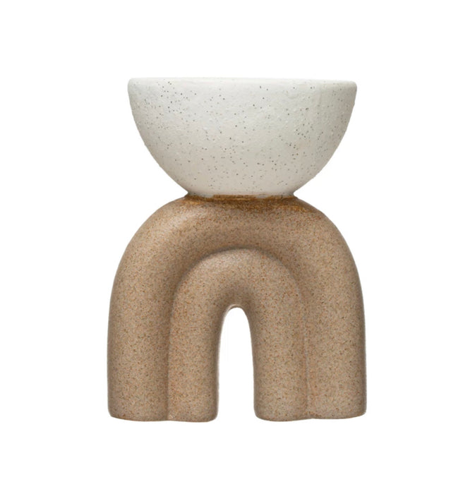 Modern arch incense holder in hand shaped stoneware with a matte sand and white glaze. Doubles as a stylish sculptural accent on any shelf or table. Measures 6" H x 4"W.