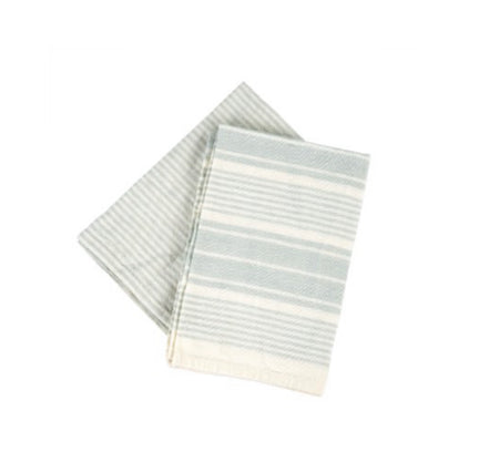 French linen hand towels shown in sea mist blue. Set of 2 includes one classic stripe and one varigated stripe towel in ecru and sea mist blue. Decor accent for the coastal, farmhouse or modern home.