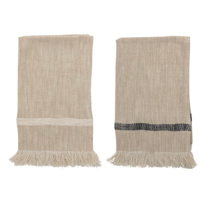 Set of 2 Neutral Towels are perfect for the modern farmhouse kitchen. Woven from soft slub cotton in a herringbone weave and finished with a bold black and white stripe. Ends of towel have natural frayed edge. 28"L 18"W