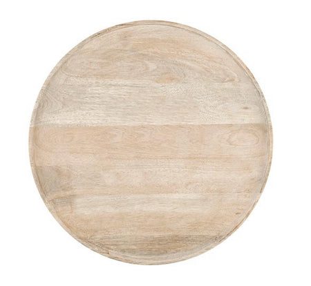Light wood round tray. Adds modern rustic style to the kitchen or table. Made from strips of un-dyed mango wood. Each piece will vary slightly in color. Measures 15" diameter.