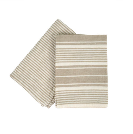French linen hand towels shown in sand. Set of 2 includes one classic stripe towel and one varigated stripe towel in ecru and sand. Decor accent for the modern, farmhouse or coastal home. 