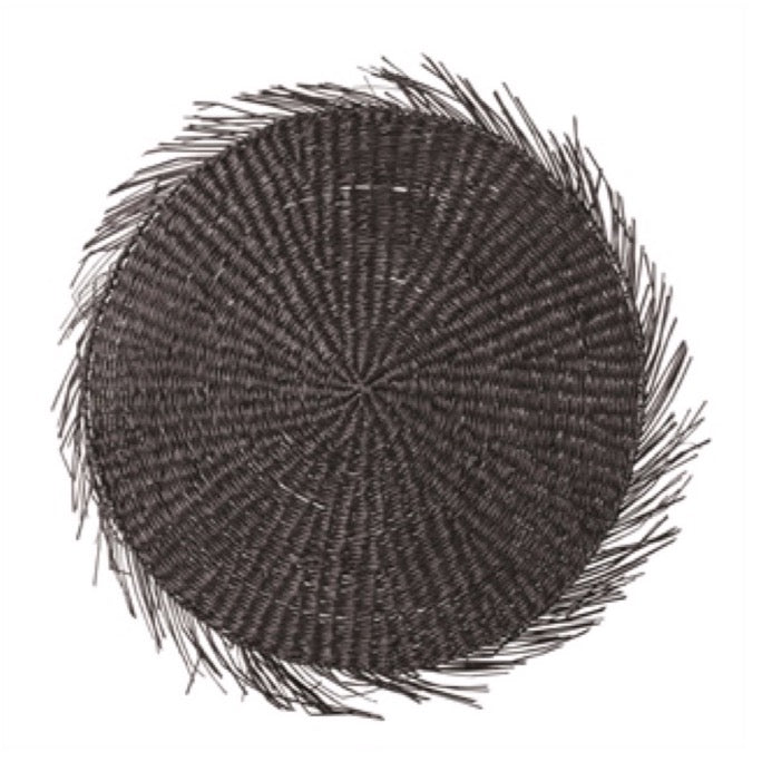 Round black seagrass placement.  Hand woven with fringe edges. Measures 15" diameter.
