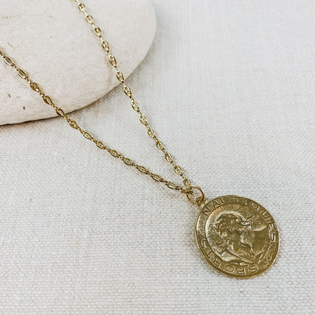 Gold plated chain necklace with vintage French coin. Designed by Katie Waltman.