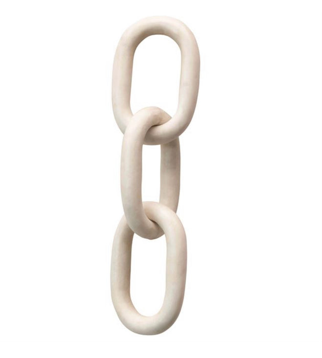 Our decorative marble chain link is a great way to add sculptural interest to any tableau. Hand made from solid white marble with subtle veining. Measures 13" length, 2" width. 