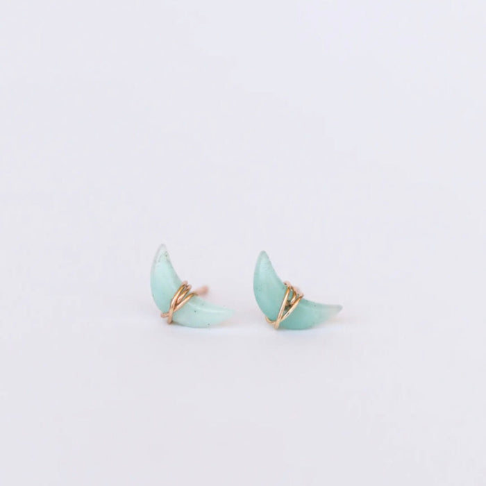Moon earrings made of amazonite, a watery blue gemstone. Hand-crafted in 18 kt gold vermeil with a sterling silver base. 