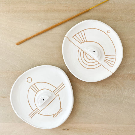 Sgraffito Incense Dishes by Curious Clay. White matte glaze with etched tribal pattern. Each sold separately.