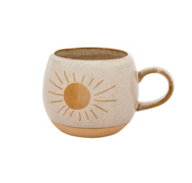 Sunshine Mug. Roly poly shape ceramic mug with speckled sand glaze and hand painted gold sunshine. Hand wash only. 3.25 inches tall, 4 inch diameter.