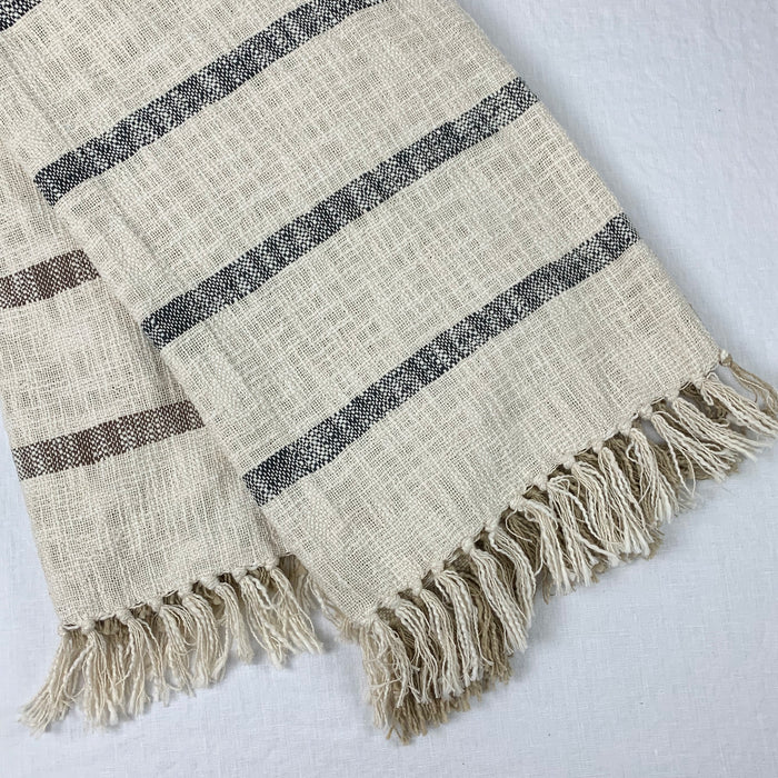 Cotton throw, cream ground with brown and black stripes on reverse side.
