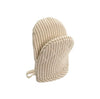 French linen oven mitt in sand. A classic bengal stripe in a combo of ecru and sand. Quilted and lined. Universal fit for left or right hand use.