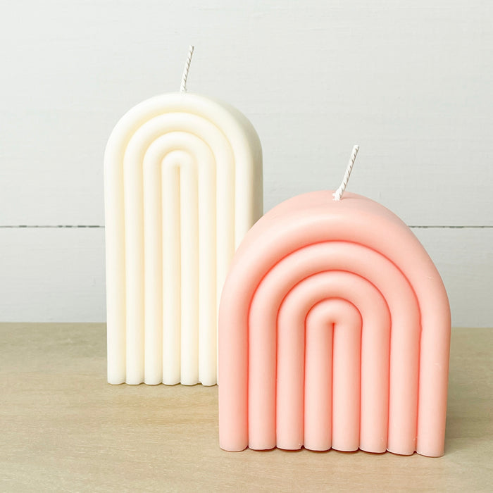 The Arch candles are hand poured in an on trend deco silhouette. 100% American grown unscented soy wax. Available in cream and blush. Each sold separately.