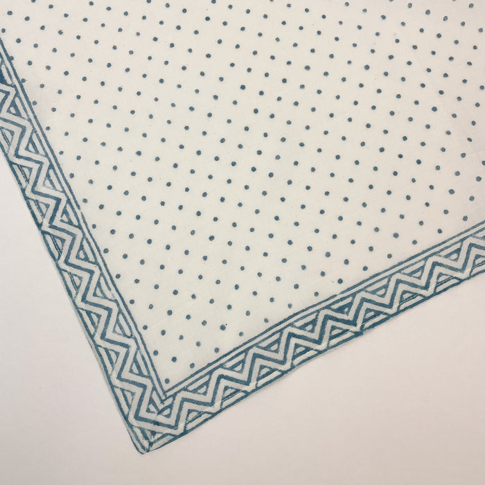 Block Print Bandana from By the Sea Organics. 100% organic cotton, printed with a turquoise pin dot and zig zag border. Measures 21" square.