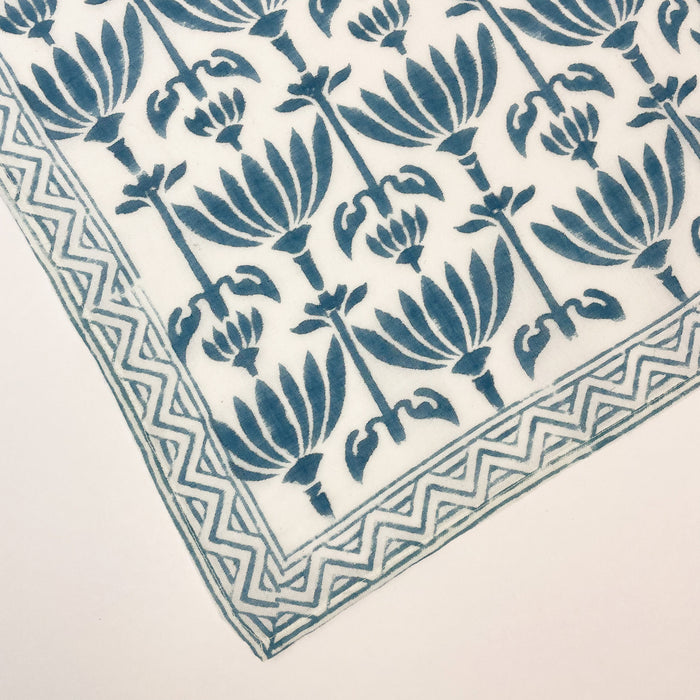 Block Print Bandana from By the Sea Organics. 100% organic cotton block printed in a rich azure blue palm pattern. 21" square.