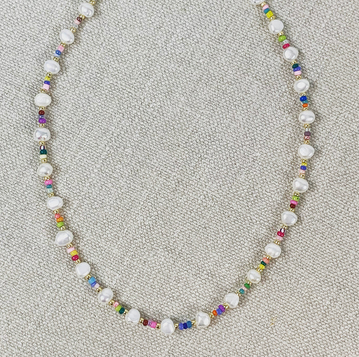 Pearl and multi-colored seed bead choker necklace.