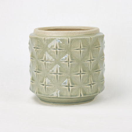 celadon green ceramic pot with cross etched pattern