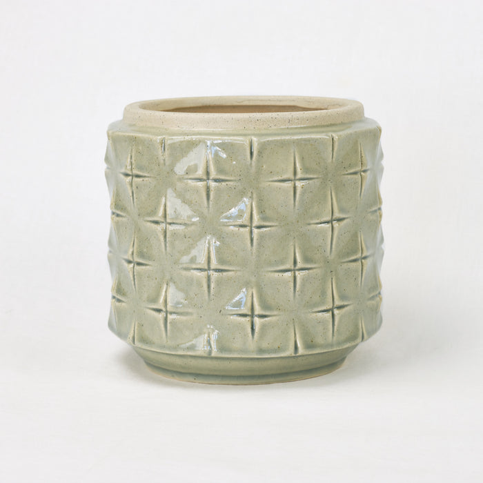 celadon green ceramic pot with cross etched pattern