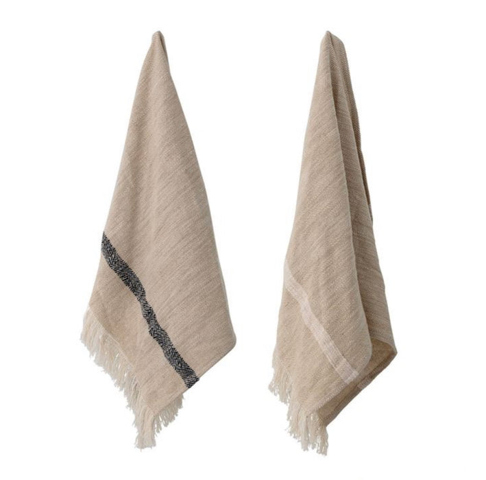Set of 2 Neutral Kitchen Towels perfect for the modern farmhouse kitchen. Made of soft slub cotton in a herringbone weave. Neutral beige towels have a bold black and white stripe at each end.  Finished with a fringe edge.  28"L  18"W