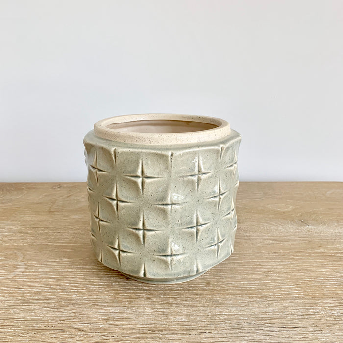 high gloss celadon green ceramic pot with cross etched pattern 