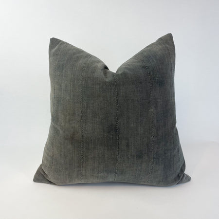 Charcoal mud cloth pillow. Measures 18" square, down insert included. Highs and lows of the color are a result of the hand dyed process.