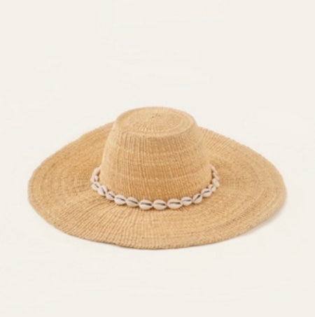 Cowrie Shell Sun Hat. Hand made in natural bolga grass and finished with a hand stitched crown of white cowrie shells. Artisan made in Ghana. Measures 16.5" overall diameter, 4.5" brim, 22.5" crown circumference.
