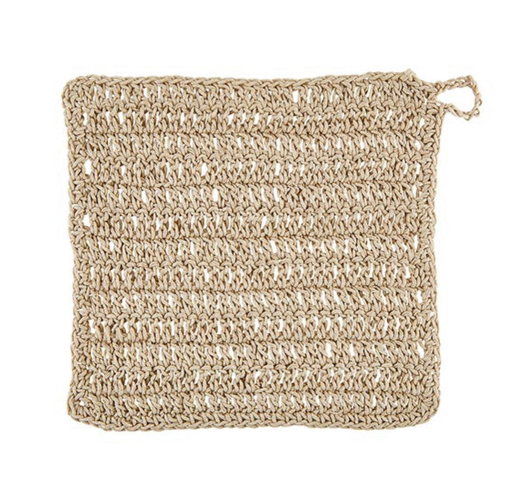 Hand crocheted washcloth made from natural hemp fiber. A natural exfoliant for the body. Measures 8" square.