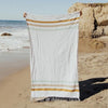 The Sol Throw is woven from  100% post consumer materials in a blend of acrylic, polyester and cotton. Sustainability meets modern California style. White blanket is bordered with graphic stripes in seafoam green, tan and rust and finished with hand twisted fringe. Measures 74" length, 51" width.