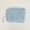 Travel Pouch in "blue pebble" block print from By the Sea Organics. Made of soft quilted 100% organic cotton. 10" 7"