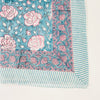 Aqua + Rose Floral block print sarong from By the Sea Organics. Pretty floral motif on a soft aqua ground, framed with white and aqua stripes. Measures 46" x 72".