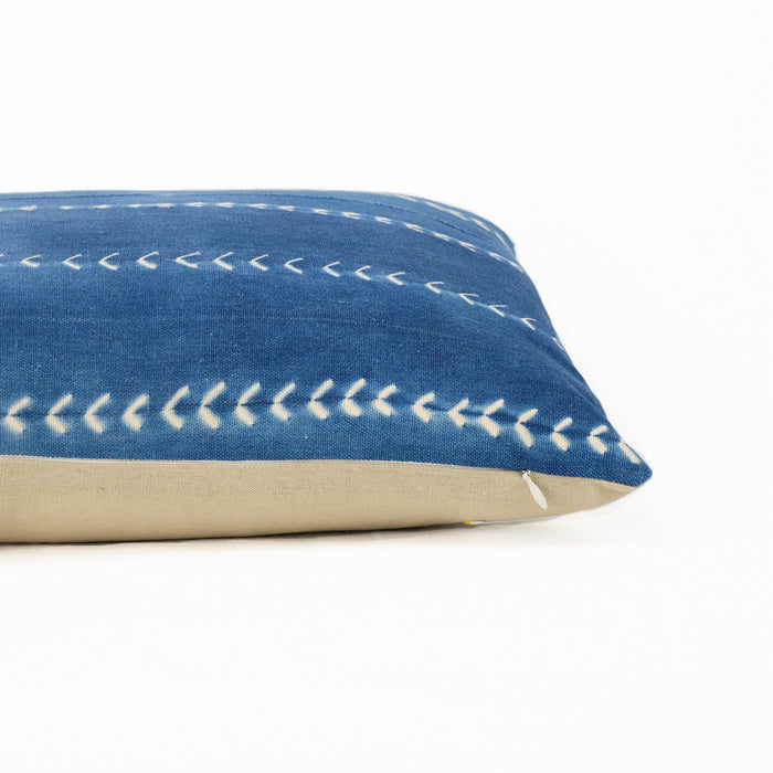 indigo shirbori stripe lumbar pillow with natural linen back
