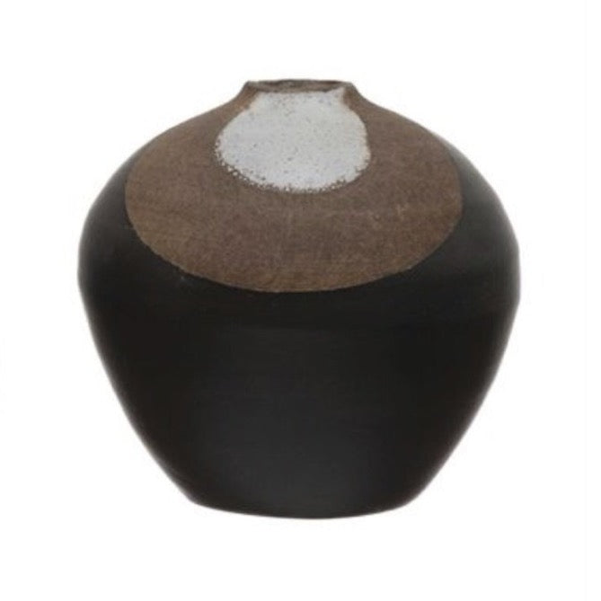 Abstract terra cotta vessel with black, clay and taupe design. Measures 5"H, 15.5" circumference.