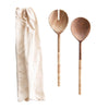 Boho wood salad servers with rattan wrapped handle. Comes in a cotton drawstring bag. Measure 11" length, set of 2