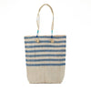 Blue and natural stripe tote made from recycled grain bags. Made by EnShallah in Morocco.