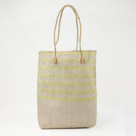 Yellow and natural striped tote bag made from recycled grain bags. Made by EnShallah in Morocco.