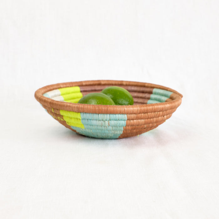 Indego Africa basket bowl in tan, lime and aqua