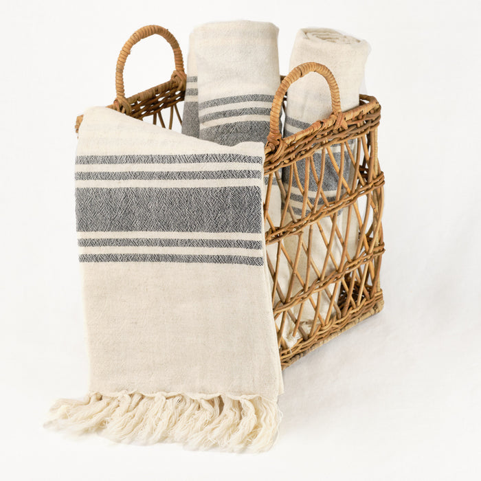 hand loomed Turkish linen towel in cream with black stripes