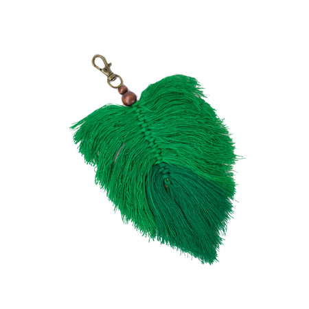 green silk tassel palm frond bag charm with metal clip