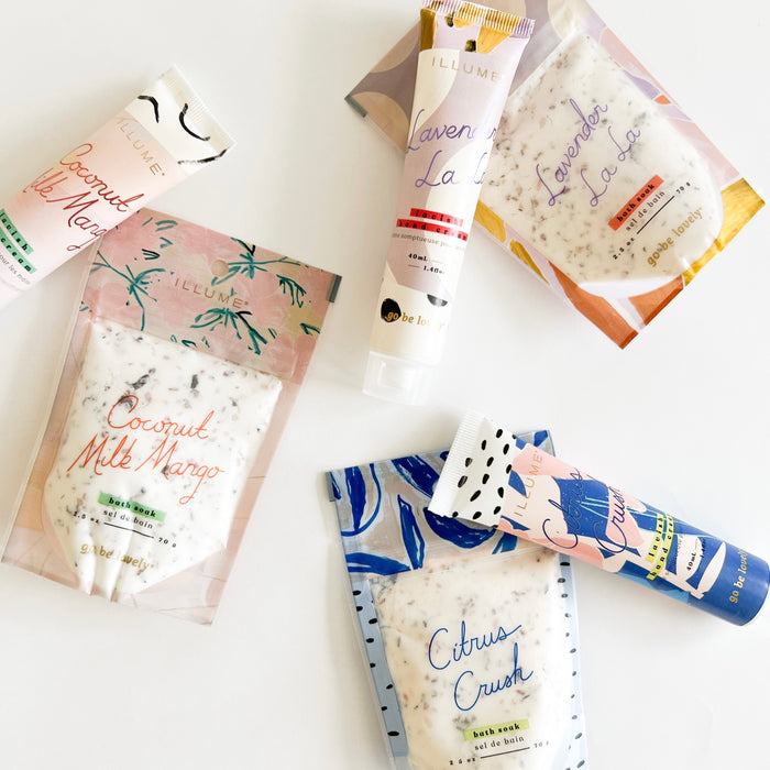 Collection of botanical bath soaks and demi hand creams in 3 fragrances. Coconut Milk Mango, Lavender and Citrus Crush. Each sold separately. The perfect travel size luxury.