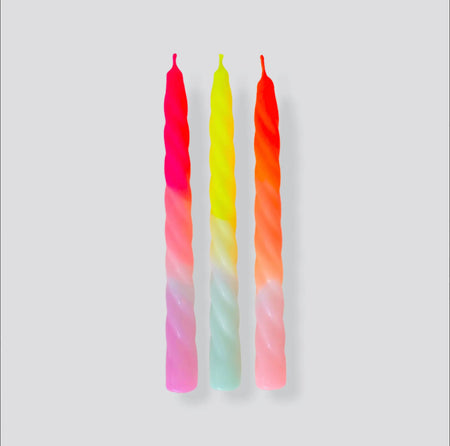 Set of 3 "Tutti Frutti" dip dye twisted candles. Hand dipped in  a range of day glossy orange, pink & neon yellow. They add festive vibes to any table setting. 9" length, 3/4" diameter.