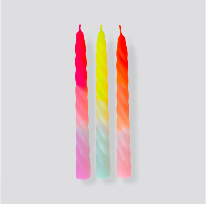 Set of 3 "Tutti Frutti" dip dye twisted candles. Hand dipped in  a range of day glossy orange, pink & neon yellow. They add festive vibes to any table setting. 9" length, 3/4" diameter.